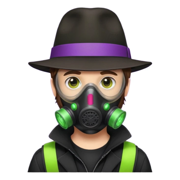 Male Hacker with a fedora with brown hair wearing a gasmask. Color scheme is black, lime-green and purple sticker