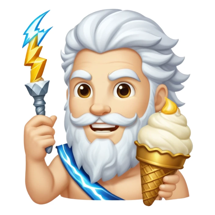 smiling Zeus with white ice cream and lightning bolt sticker
