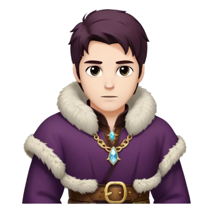 Medieval winter outfit worn by a DnD themed fantasy male character. Thick deep plum wool tunic with ermine fur trim at collar and sleeves, fastened with intricate gold-plated clasps and a heavy tooled leather belt. Clothes only above the waist, full waist coverage. The character has no arms. Character is white-skinned with dark auburn hair, misty gray eyes, and shoulder-length hair with crystalline frost at the tips. sticker