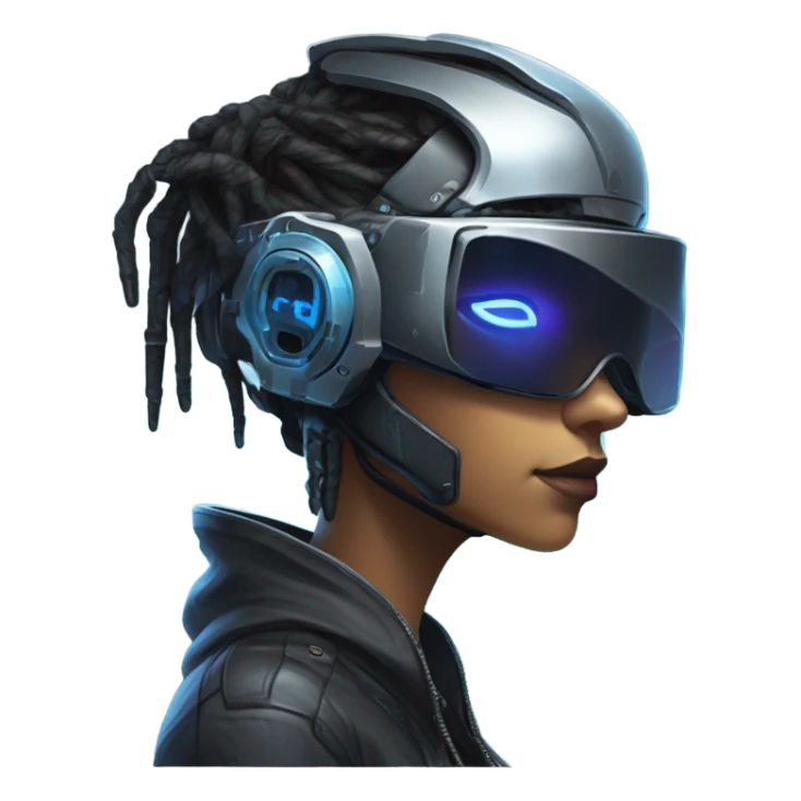 female netrunner, cyberpunk hacker with mechanical glasses, black robot body, black vr headset, eyes covered, no eyes, blue neon sticker