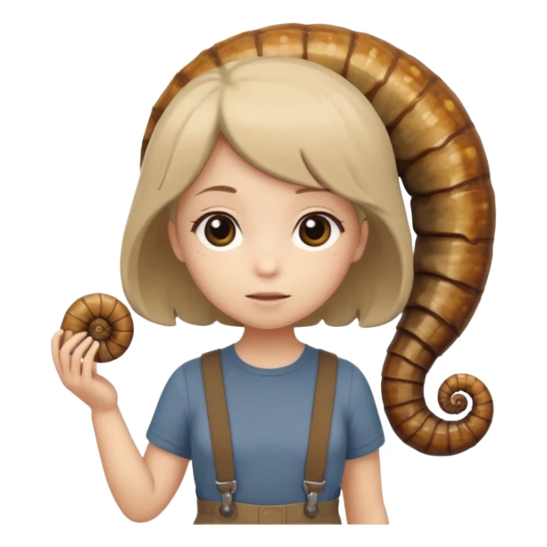 Shelly has a small, chibi-style body with a large ammonite-shaped head that looks like a beige fossil shell. One side of her head has a dark opening, making it clear she isn’t human. Her face is simple and soft, with big round eyes. She wears a brown suspender outfit over a lighter shirt sticker
