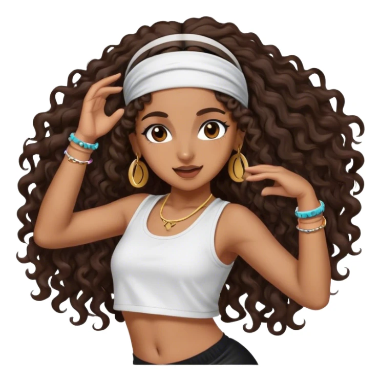 Dancing brown girl with long darn brown curly hair with headband hip hop sticker