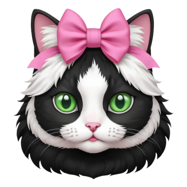 A black and white cat with green eyes she has a bow on her head she’s kinda fluffy  sticker