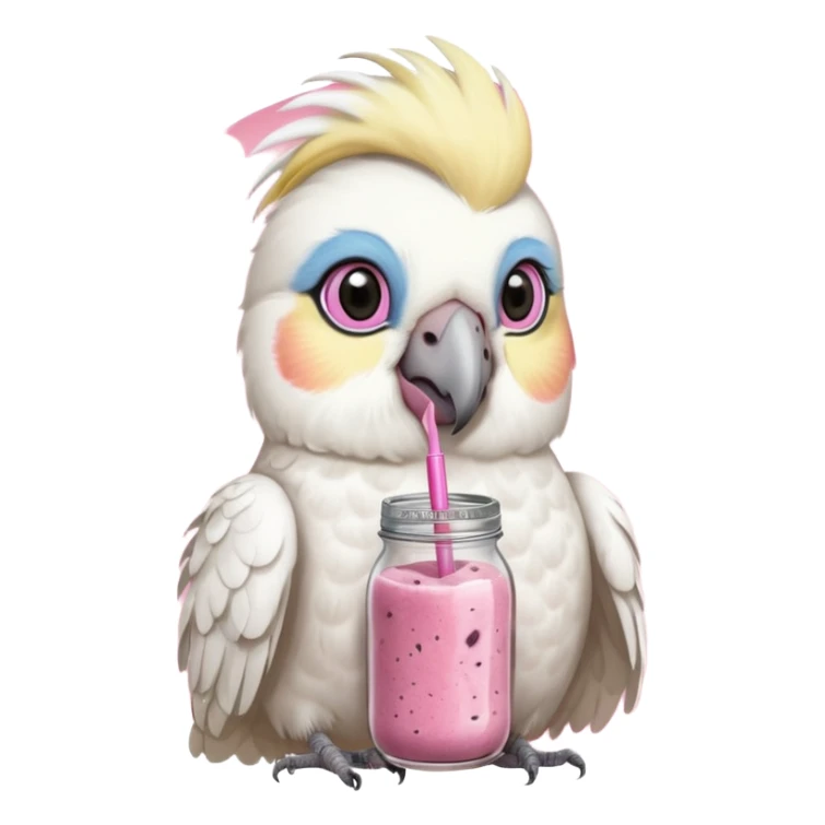 white cockatiel bird, holding mason jar with pink smoothie sticker
