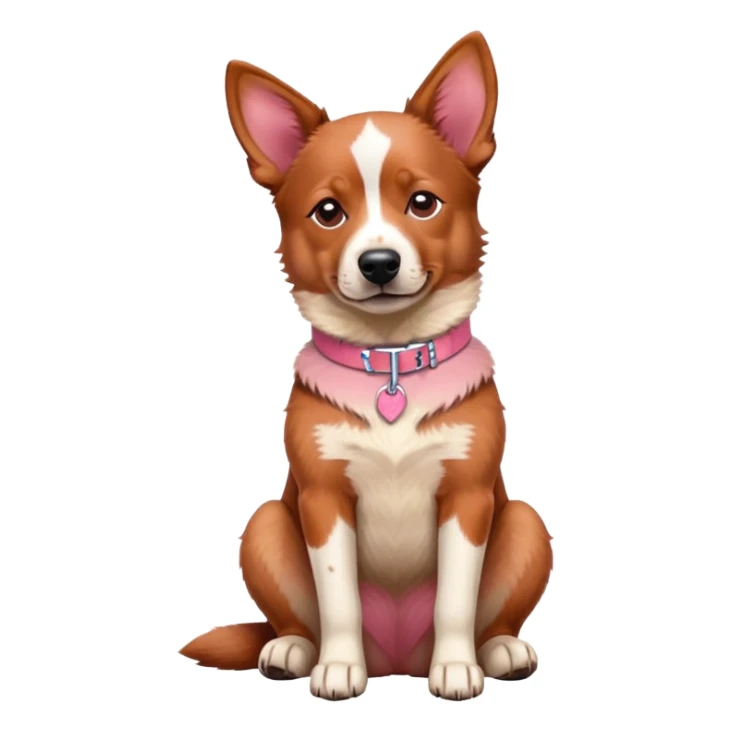 Australian red heeler dog sitting down facing forward, with a pink collar around neck sticker