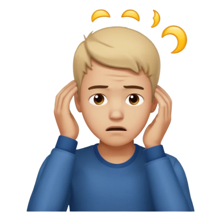 A frustrated young man holding his head looking sideways, confused expression, dramatic lighting, blurred dark background, cinematic YouTube intro style, ultra-realistic. sticker