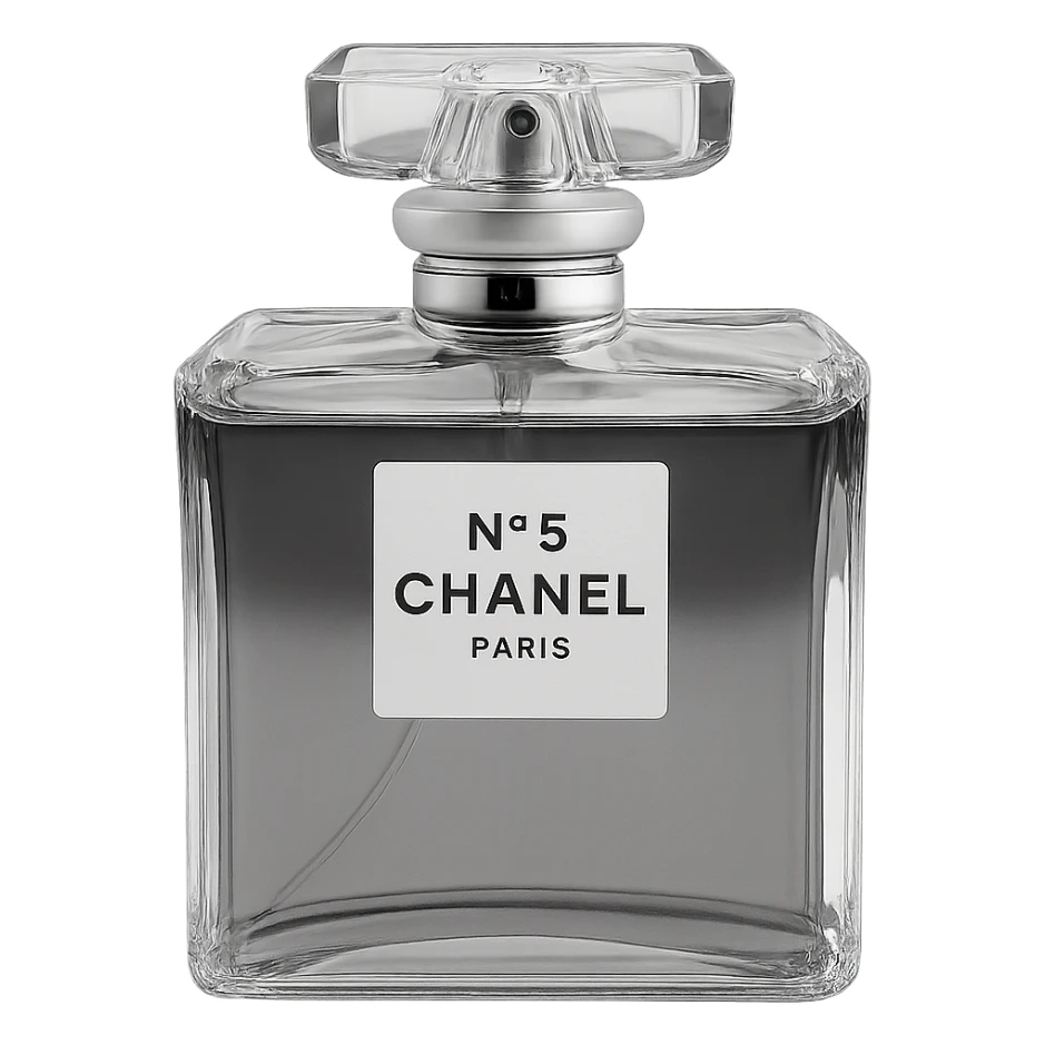 Convert the image to black and white, keeping only the realistic Chanel perfume bottle. Preserve the glass reflections and details. The background should be transparent. sticker