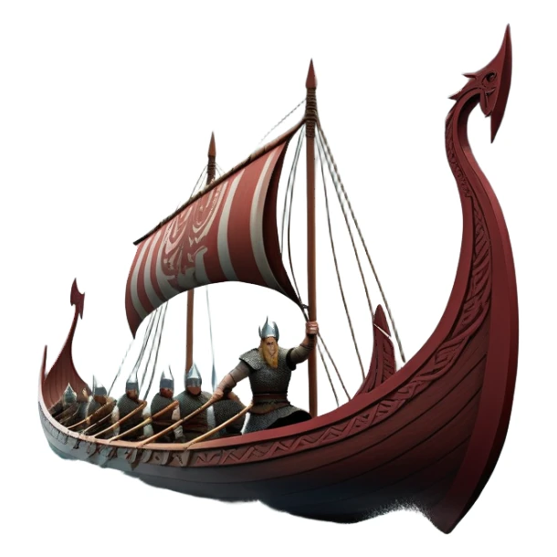 detailed-cinematic-viking-longboat, rendered in a flat, bold vector style with minimal shading, featuring a striking dragon-headed prow slicing through waters. shields on the side and vikings rowing The longboat’s, the boat has carved motifs evoke a sense of epic adventure and Nordic might, with billowing sails catching a dramatic, stormy sky backdrop. sticker