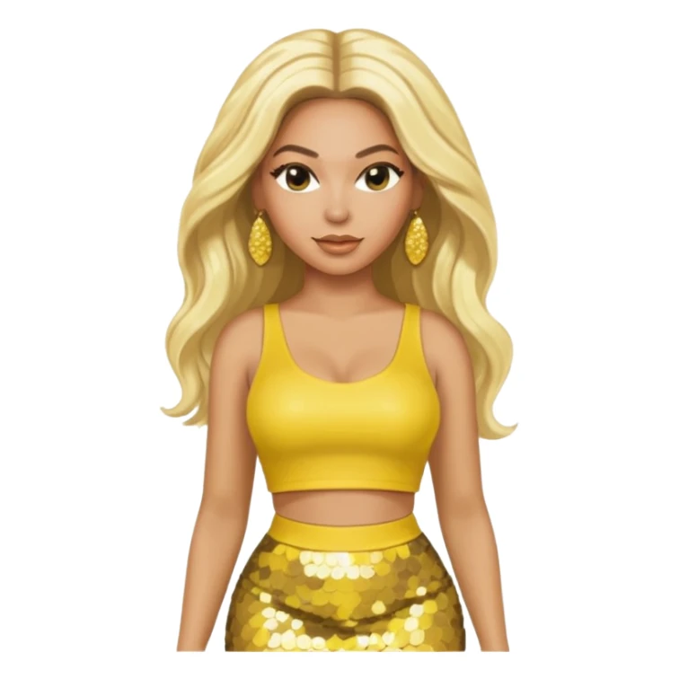 Beyonce with long platinum blonde hair, yellow sequin crop top yellow sequin skirt, gold earring sticker