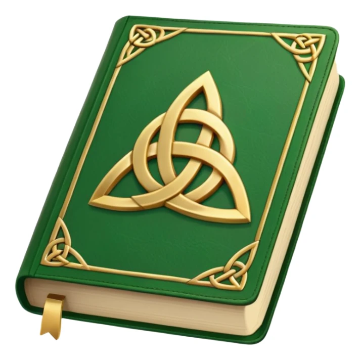 a green closed book with a golden triquetra sticker