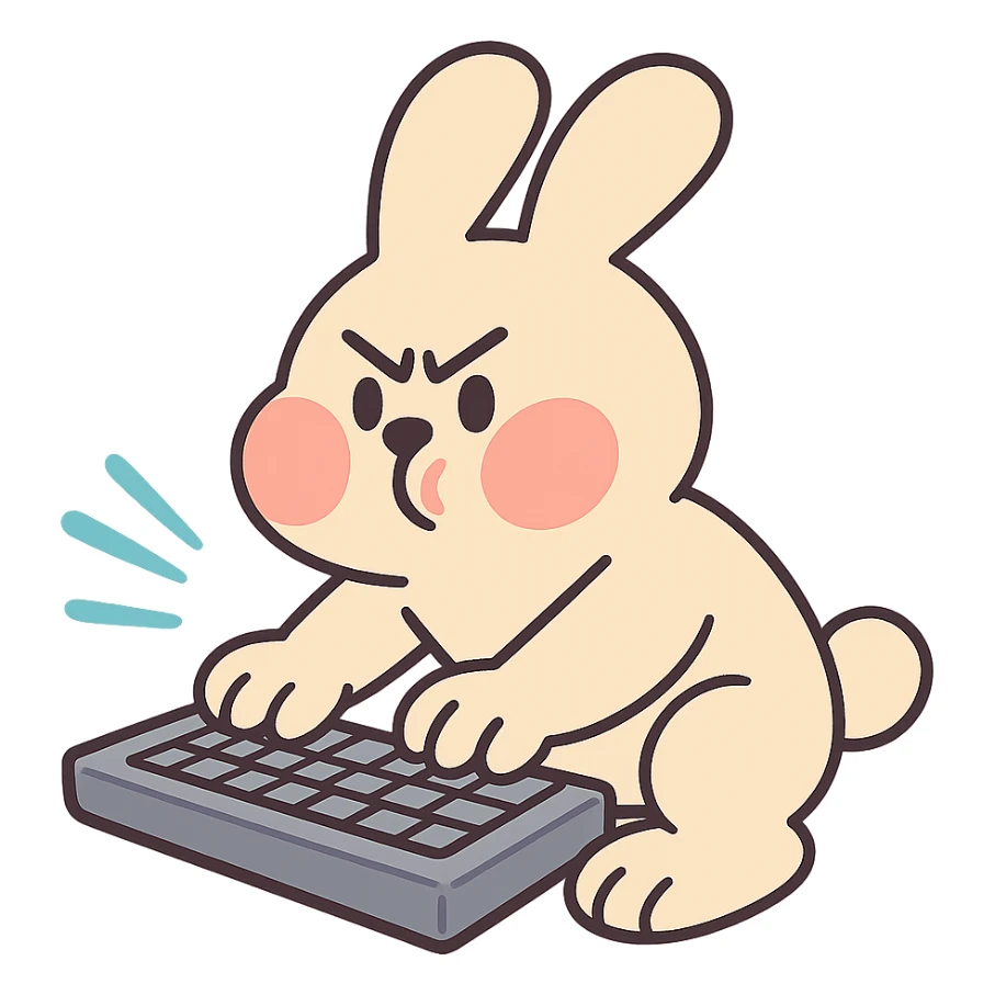 full-body vanilla bunny typing fast on a keyboard, cheeks puffed, pastel-toon style sticker
