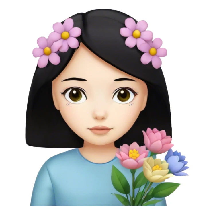 Light, skin girl, black hair, holding pastel flowers sticker