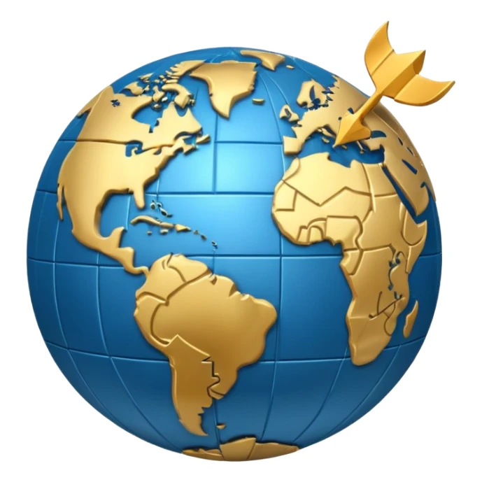 “Icon: Earth globe, circular arrows around it, a dollar coin at the top right, simple composition, single object, transparent background sticker