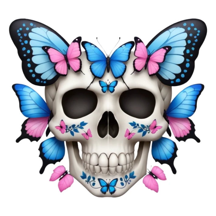 White skull with blue and pink butterflies, leaves, and black intricate patterns sticker