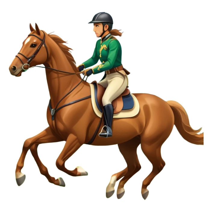 An icon featuring a horse and rider galloping gracefully over a lush green field. The rider is in full gear, guiding the horse with precision. The background shows rolling hills, a clear blue sky, and vibrant sunlight illuminating the scene. Transparent background highlights the elegance sticker
