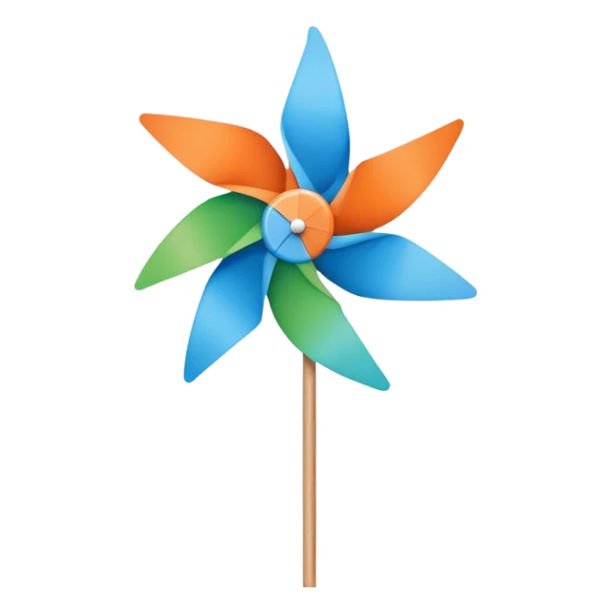 A pinwheel with 4 blades, using teh colors orange, light blue, blue and green, like a airflow logo. Add a woodstick sticker