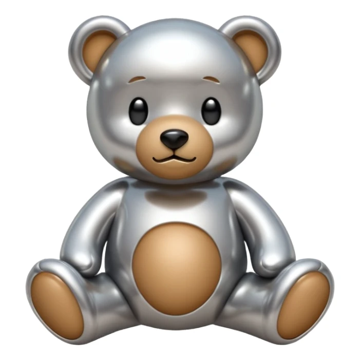 A cute teddy bear emoji made of liquid silver chrome, smooth rounded body, glossy metallic surface, soft reflections, friendly proportions, iOS emoji style, centered, clean white background sticker