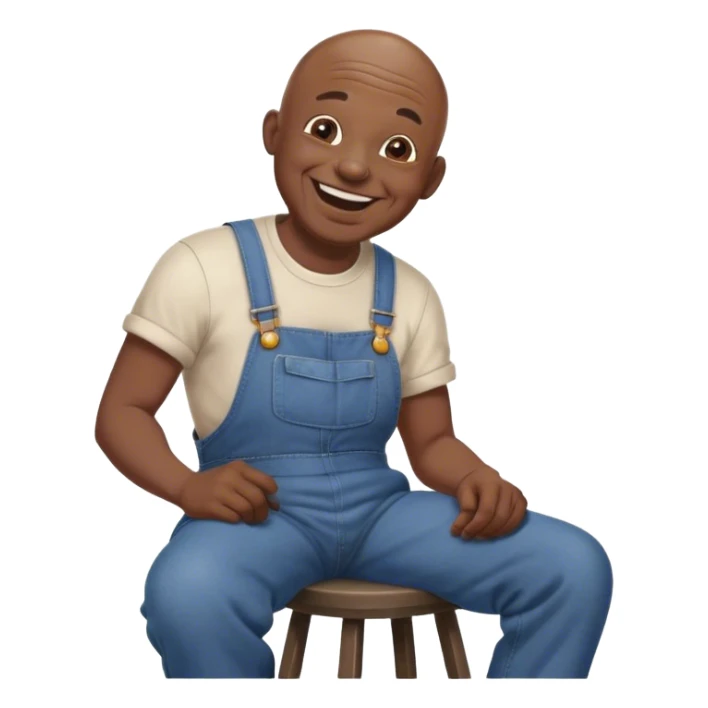 Side view Laughing Old bald black man sitting on stool wearing overalls sticker