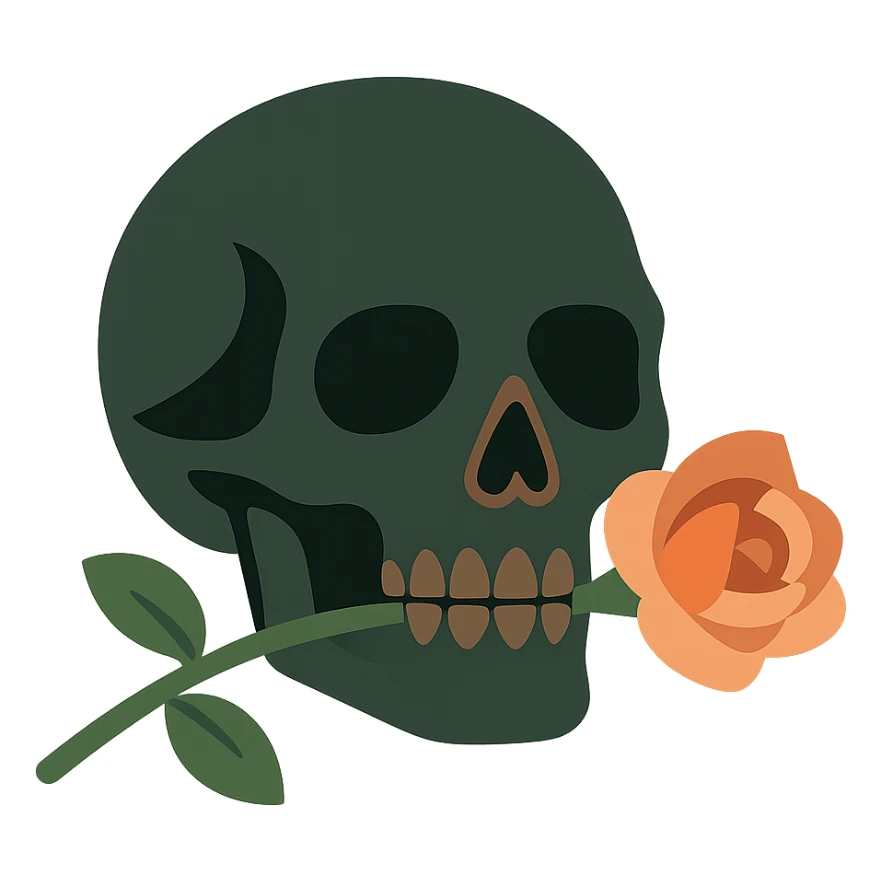 A dark, mysterious skull with a gothic, haunting atmosphere, featuring a soft color palette: golden orange (FA9B41), deep forest green (4A7C5C), muted taupe brown (96775A), and pastel peach (FFCC9A). The skull has sharp, angular features and hollow eye sockets, exuding a sense of mystery. A single, delicate rose lies across the skull, its petals in rich shades of peach and soft orange, with a deep green stem. The contrast between the dark skull and the soft, vibrant rose creates a striking, emotional effect. The background is dimly lit, with subtle shadows and perhaps a faint glow, enhancing the gothic yet strangely beautiful atmosphere. sticker