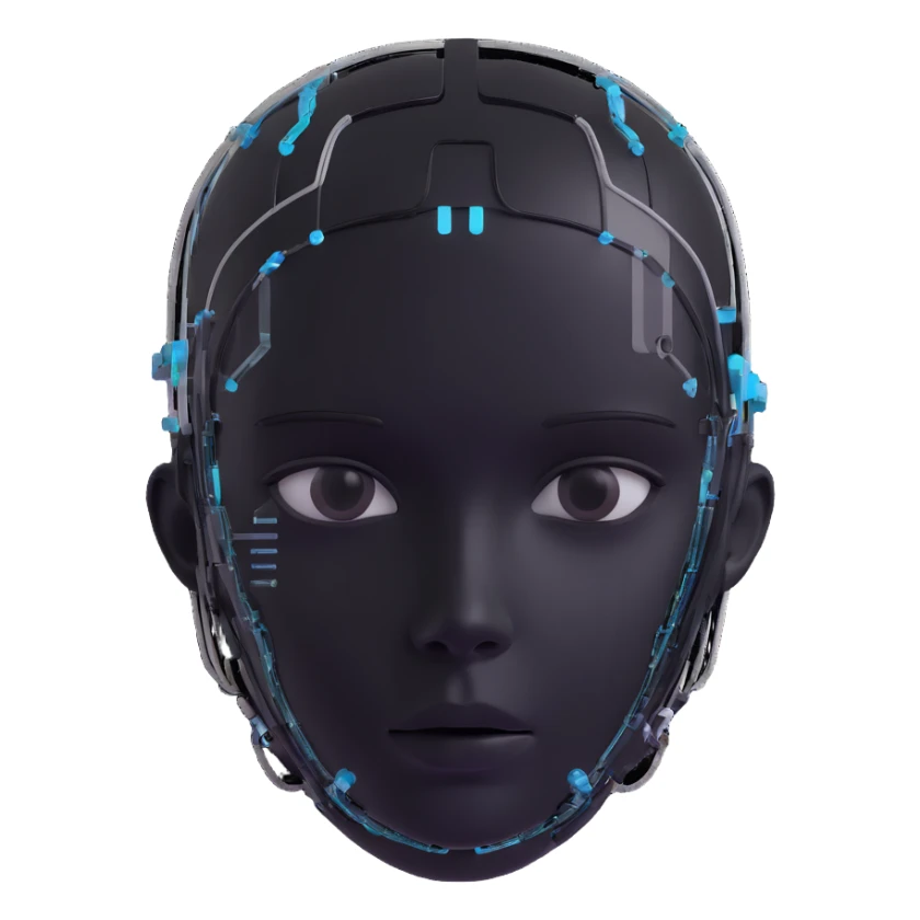 cyber 3D head of a kid, transparent panels, circuitry visible, modern tech look, 3D icon style sticker