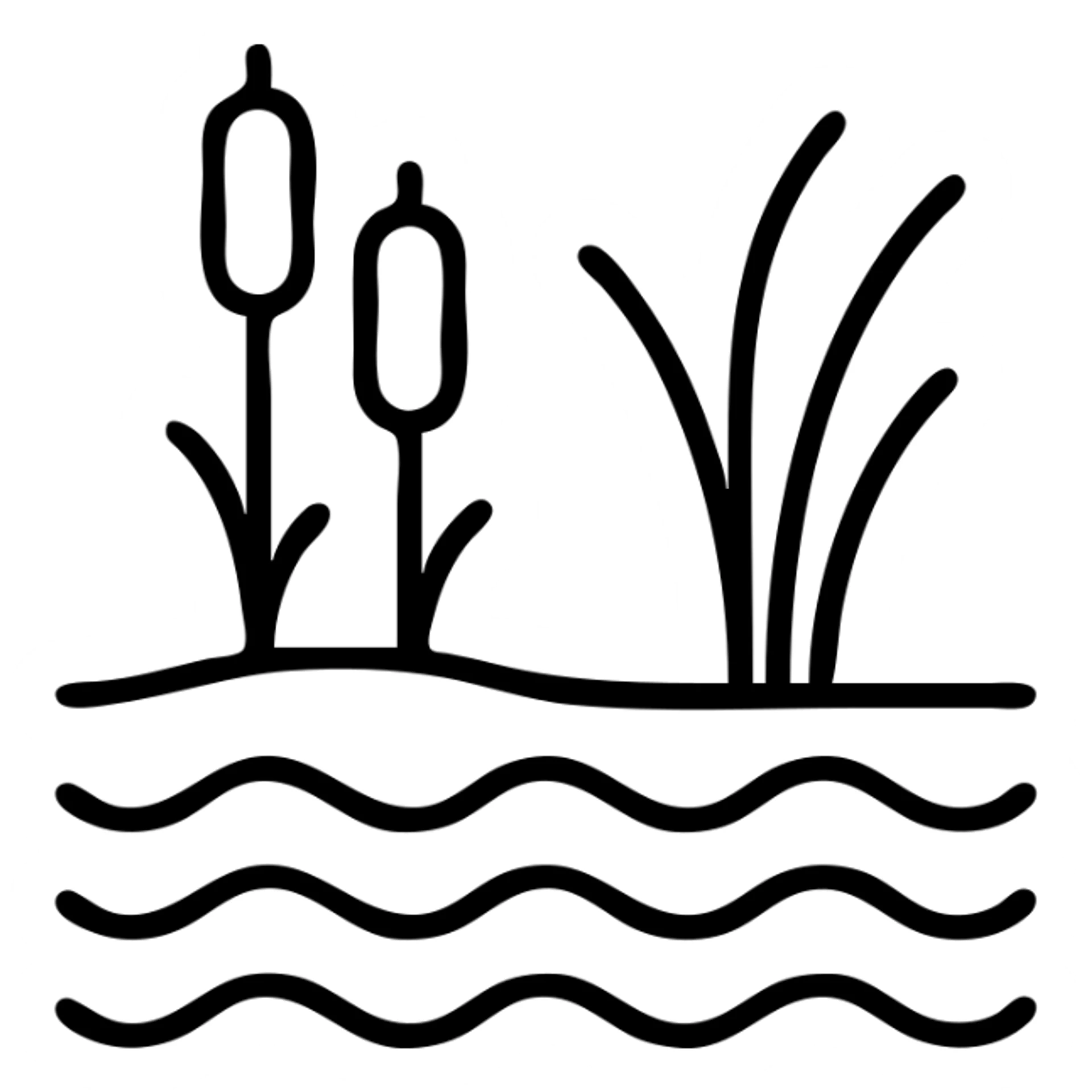 swamp with reeds and water, hand drawn black outline icon sticker