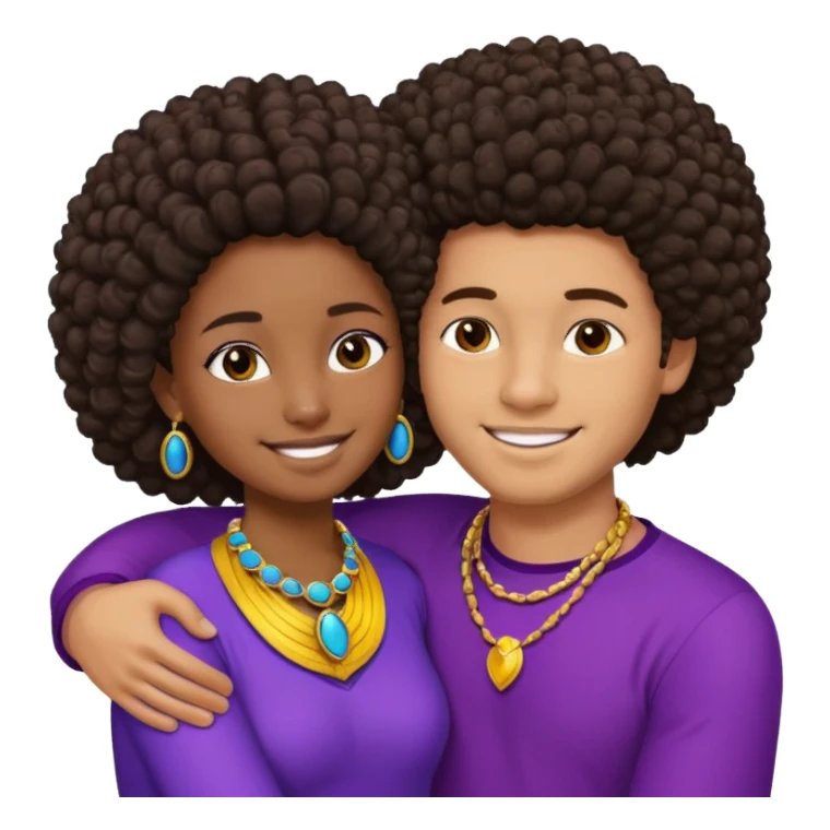 Tan male with short straight, light wavy hair, smiling and hugging a darkblack African  girl with Afro in purple clothes with blue jewelry sticker