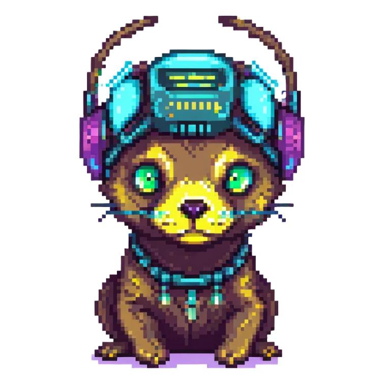 pixel art otter, big eyes, cyberpunk neural headgear, neon glow sticker