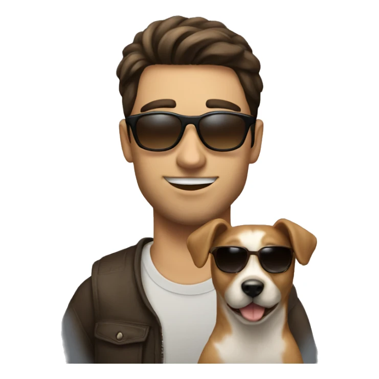 a brunette guy with a sunglasses near to a dog sticker