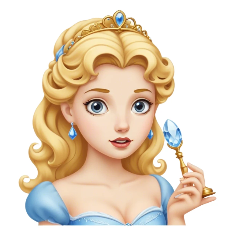 Cinematic Funny Cinderella Portrait Emoji, Stunned expression as she holds a glass slipper much too big, one eyebrow raised, golden curls slightly messy, a mix of royal grace and unexpected humor, capturing a lighthearted twist on her fairy tale moment! sticker