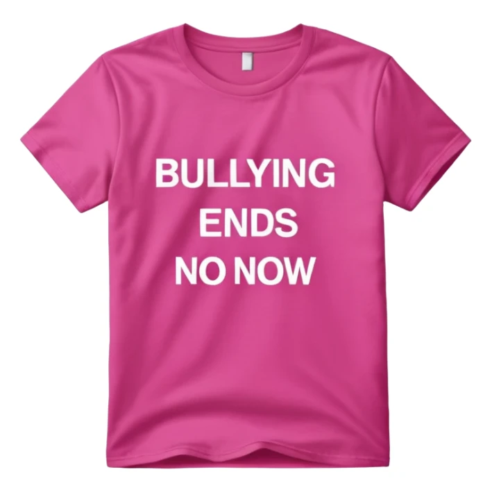 Hyperrealistic pink tshirt, typography  print "bullying ends now", isolated still life. Colorful, 4k hd, no emoji icons, no emoji faces, no human figures  sticker