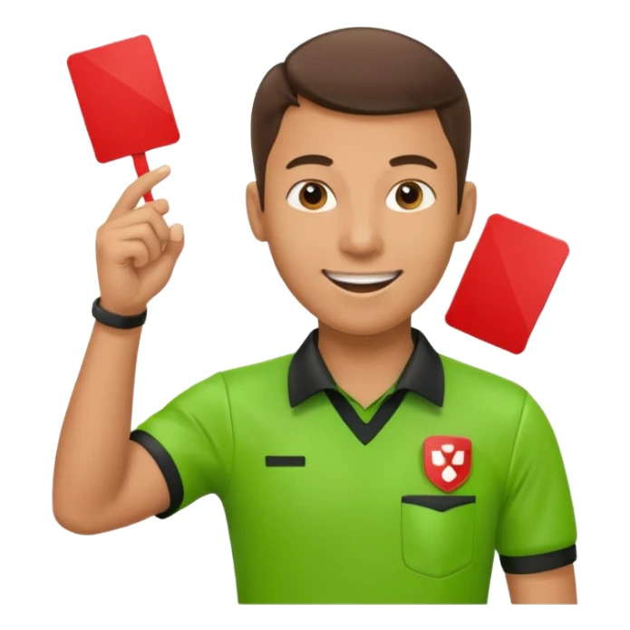 Young Referee – Energetic Style
 Wearing bright green shirt, smiling slightly, holding red card high with whistle around neck. sticker