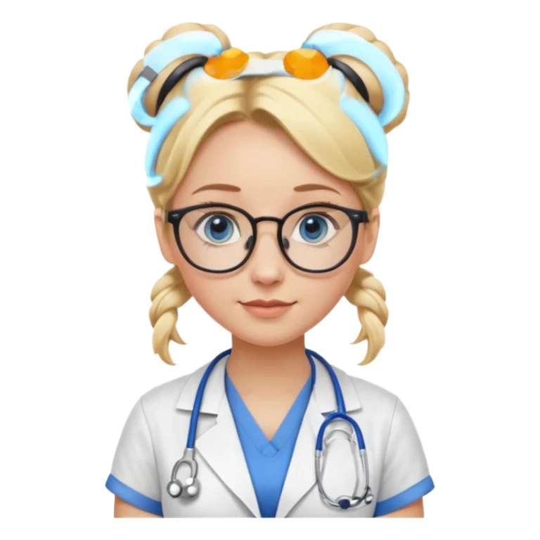 Blonde hair with two buns, blue eyes, stethoscope, and glasses sticker