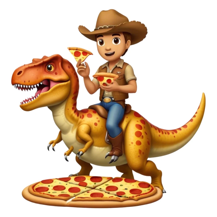A cowboy riding a dinosaur eating pizza sticker