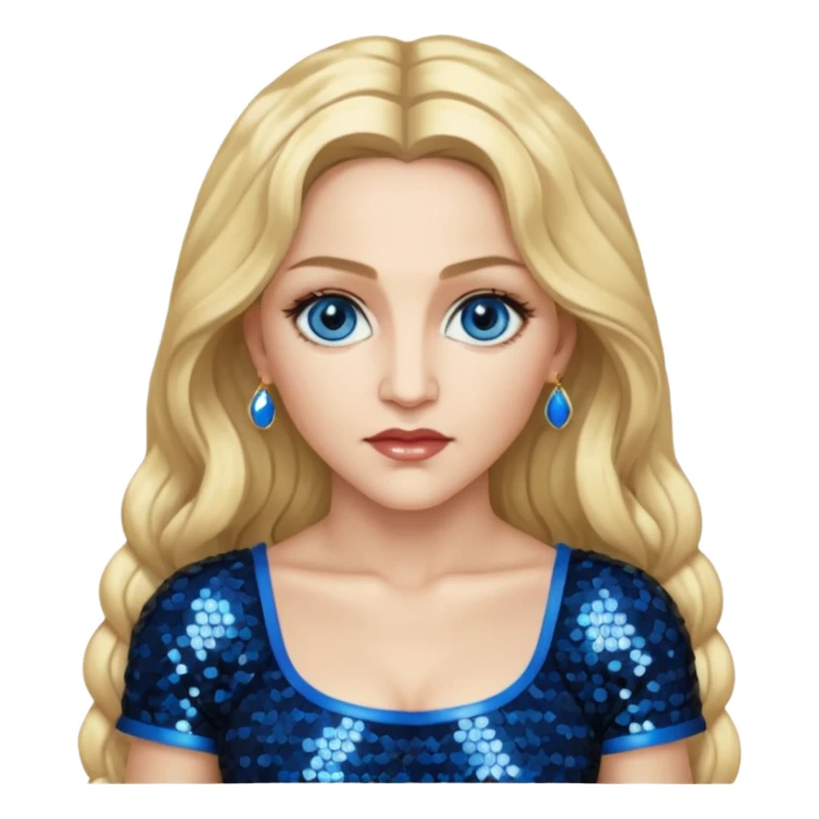 Madonna with blonde long hair, black sequin crop top, blue eye sticker