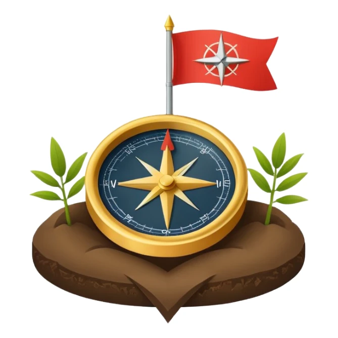 A minimal emoji of a compass pointing toward a planted flag. Flat design, confident colors, modern emoji style. Represents choosing direction and seeing it through to completion. Avoid corporate or motivational poster aesthetics. sticker