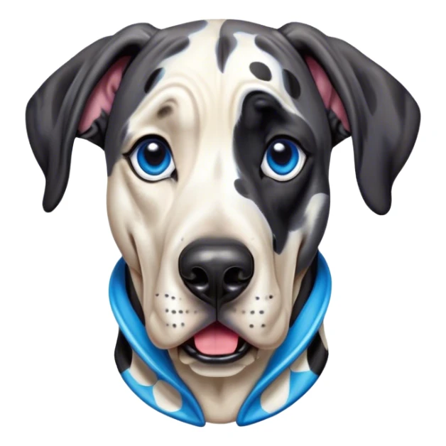 Cinematic Comical Harlequin Great Dane Portrait Emoji, Head tilted dramatically with an exaggeratedly shocked or amused expression, featuring a striking coat of predominantly white with vivid black patches, wide, expressive blue eyes filled with playful disbelief, Simplified yet hilariously expressive features, highly detailed, glowing with a slightly sassy glow, high shine, dramatic yet playful, stylized with an air of cheeky charm, bright and endearing, soft glowing outline, capturing the essence of a spirited and over-the-top guardian, so meme-worthy it feels like it could side-eye its way into internet fame instantly! sticker