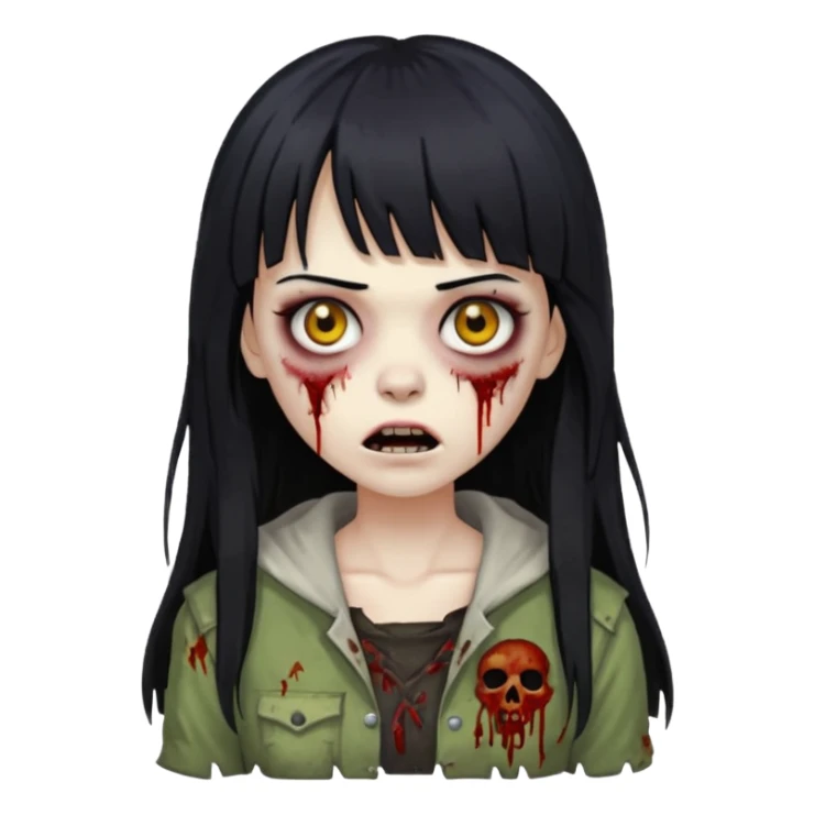 Faça uma mulher zumbi de franja cabelo longo preto 🧟‍♀️ sticker
