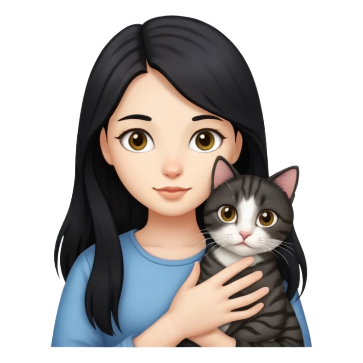 Long black hair girl holding a haired tabby cat sticker