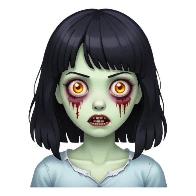 Zombie girl with big black hair and a bangs sticker