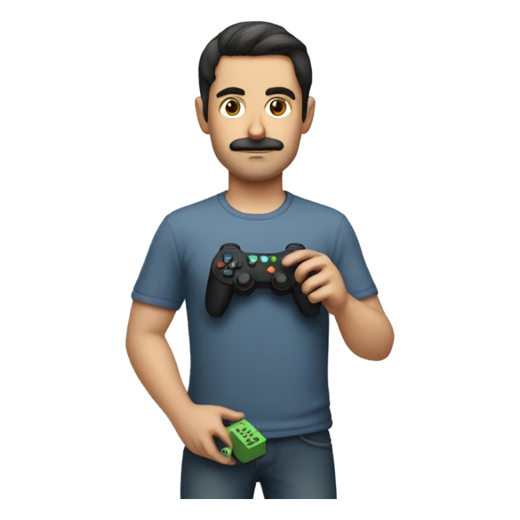 dark hair dark eye man with short mustache holding game controller sticker