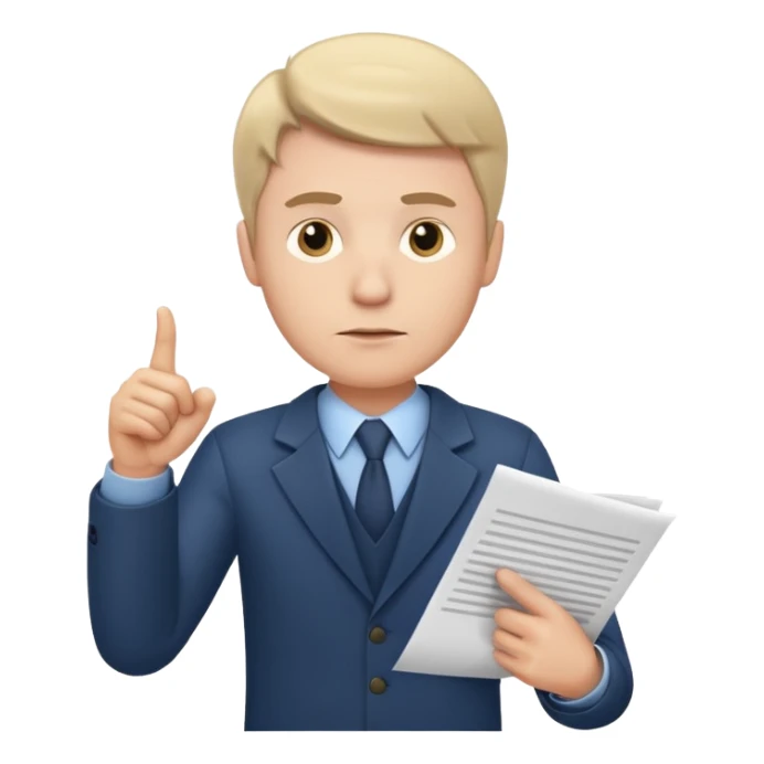 A white man stands with a serious face and points at his hand holding papers. sticker