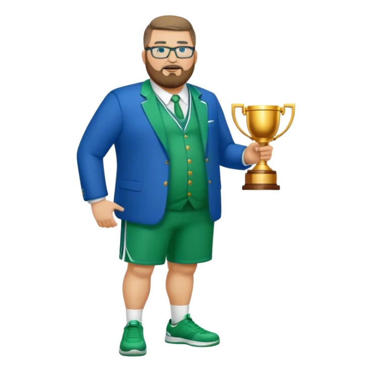 full body white obese male basketball coach with trophy. Goatee beard , Wearing glasses and blue and green suit sticker