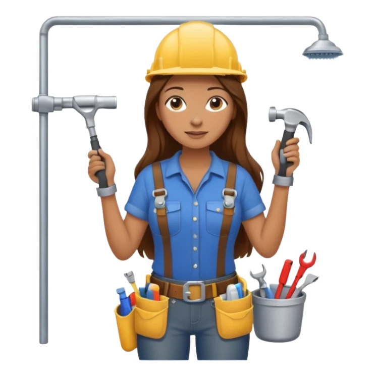 beautiful girl with long brown hair constructing new bathroom area with new shower and amenities  sticker