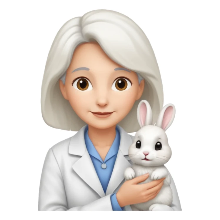 Older female vet – gentle smile, coat, checking rabbit  sticker