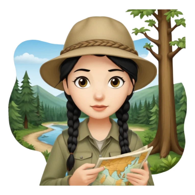 A braid black hair backpacking woman checking her map with curious eyes while wandering in the woods with camping hat sticker