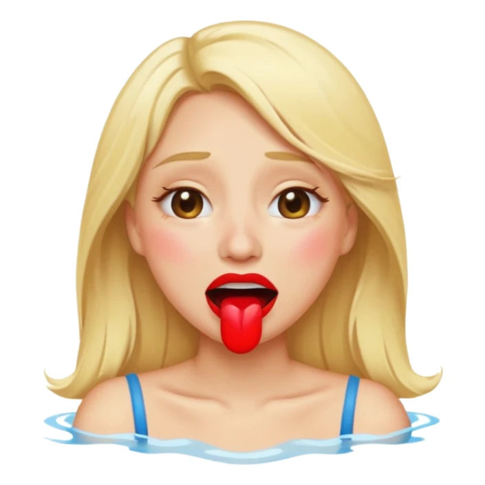 blonde having crying emoji tears (water-emoji) from hard laughter. really happy in general, happy eyes and open mouth. red lipstick sticker