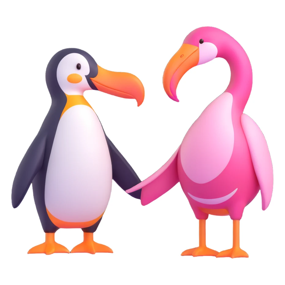 penguin and flamingo shaking hands, clear, no text sticker