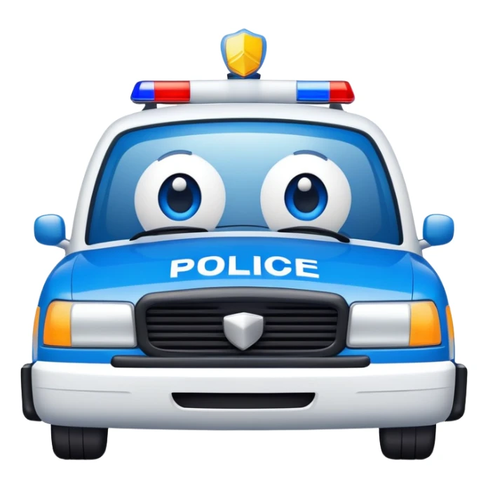 A blue and white police car with a friendly smiling face on the front sticker