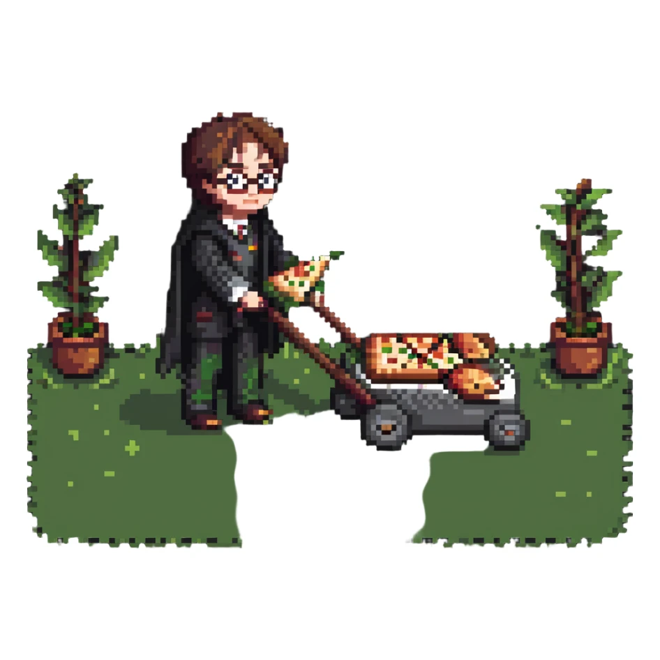 Harry Potter mowing the lawn with pizza sticker