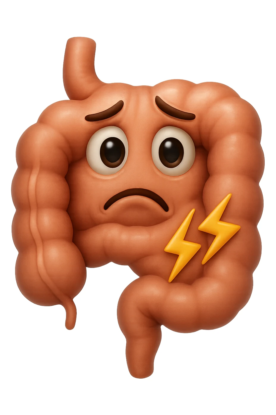 emoji stile iphone di un intestino con mal di pancia, espressione preoccupata, iperrealistica  sticker